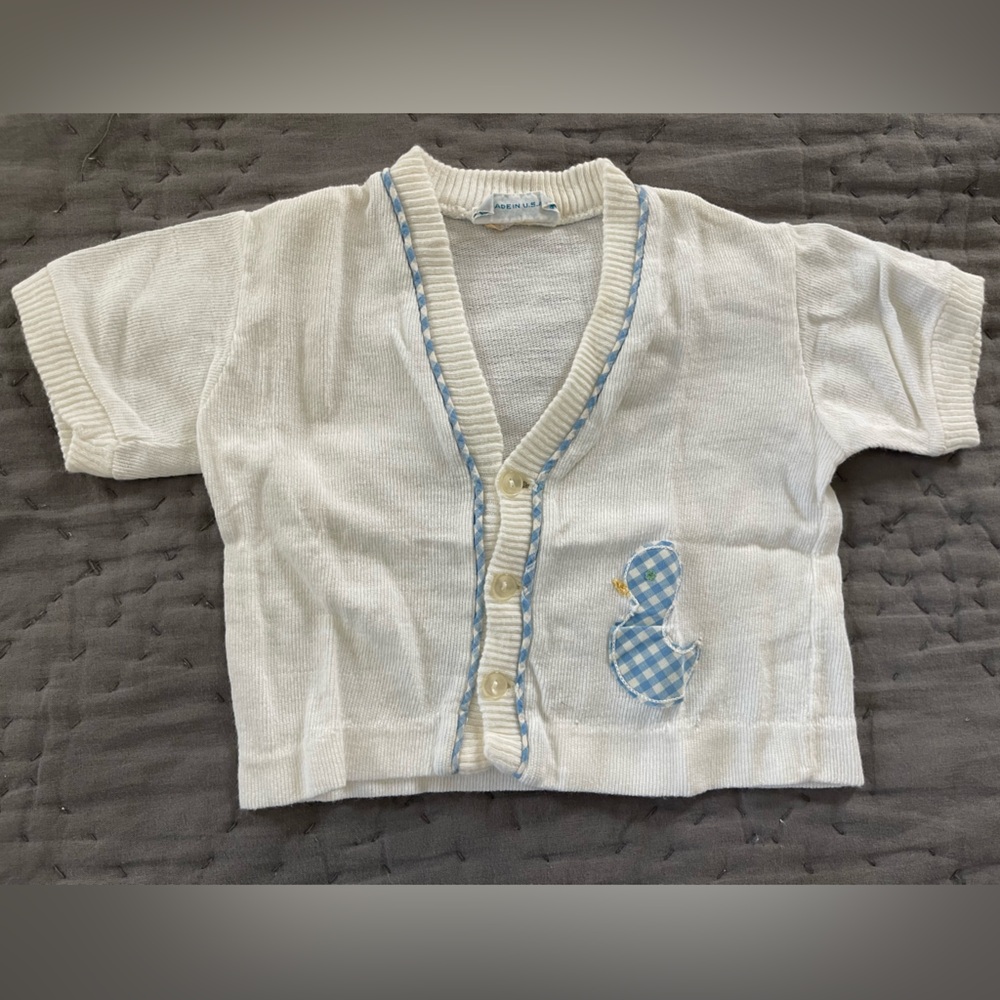 Vintage Nannekins by Nannette White Sweater Blue Trim  Gingham Duck Button Front